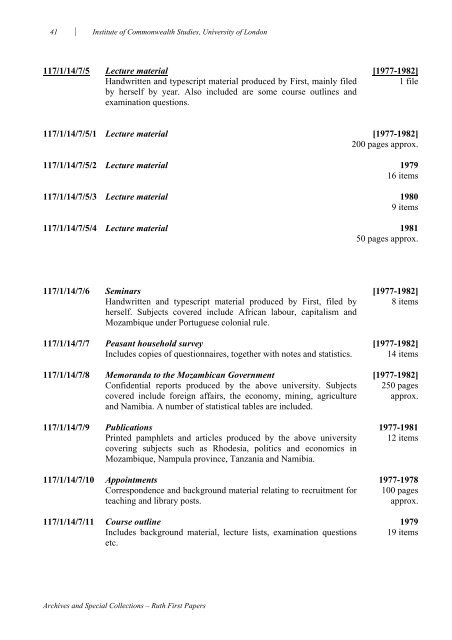 A catalogue of the material deposited by the Ruth First Memorial ...