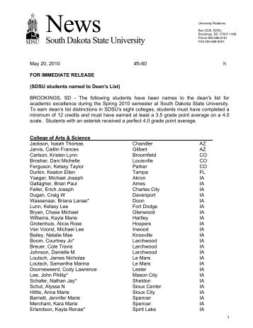 Spring 2010 Dean's List (all) - South Dakota State University
