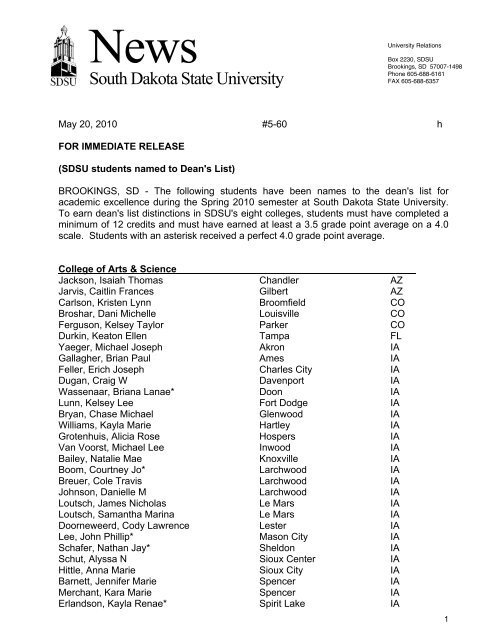 Spring 2010 Dean's List (all) - South Dakota State University
