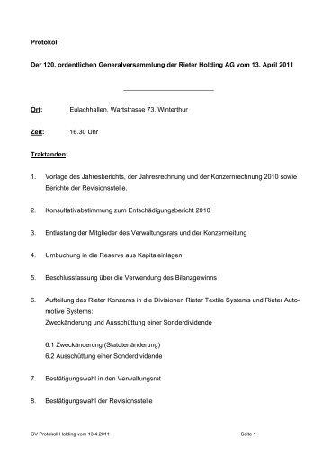 Protokoll Der 120. ordentlichen Generalversammlung der Rieter ...