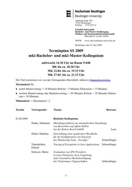 Terminplan SS 2009 mki-Bachelor- und mki-Master-Kolloquium