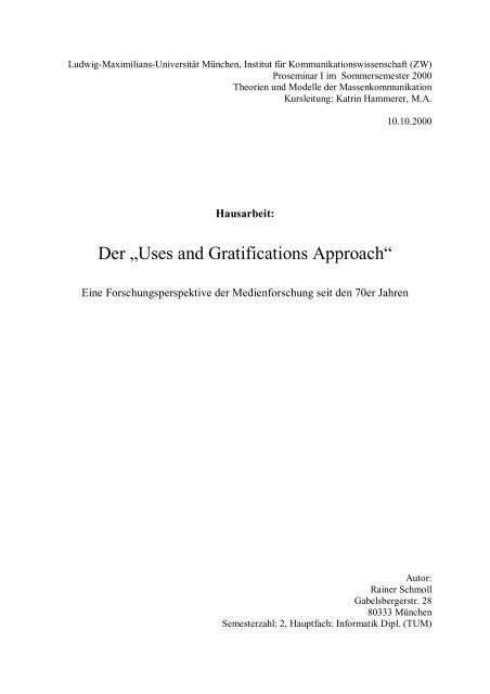 Der Uses-and-Gratifications Approach - Hausarbeit im KW