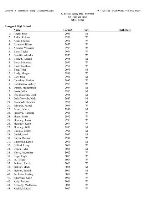 Absegami High School Name Comp# Sex Birth Date Ahern, Sean M ...