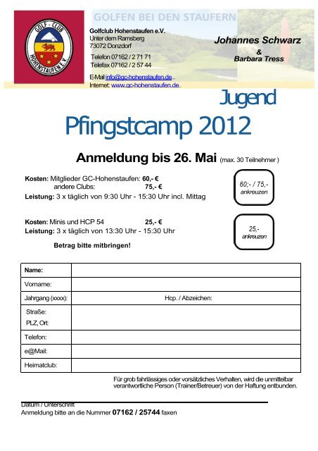 Anmeldung Pfingstcamp 2012 - Golfclub Hohenstaufen eV