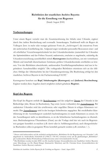 Richtlinien Regesten - Die Staatlichen Archive in Bayern