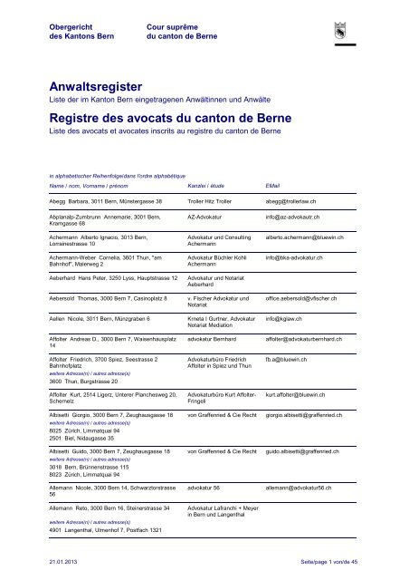 Anwaltsregister Registre des avocats du canton de ... - Kanton Bern