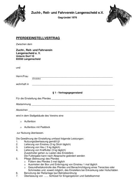 pferdeeinstellvertrag - Zucht-, Reit- und Fahrverein Langenscheid