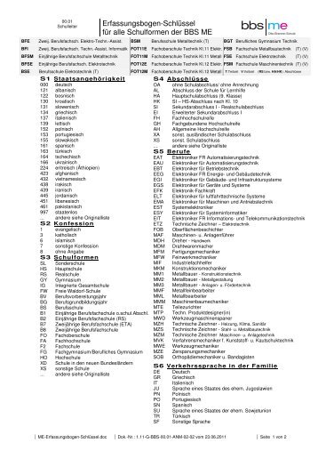 Erfassungsbogen-Schlüssel für alle Schulformen der BBS ME