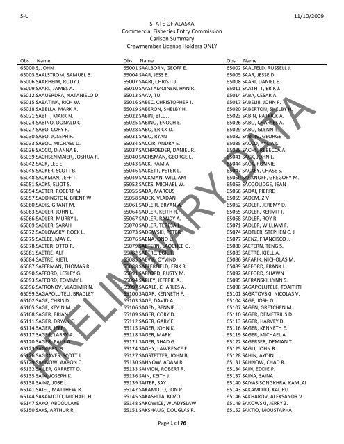 S-U 11/10/2009 STATE OF ALASKA Commercial Fisheries Entry ...