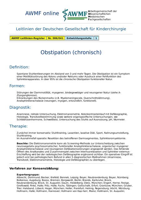 AWMF online - Leitlinie Kinderchirurgie: Obstipation (chronisch)