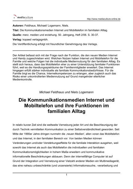 Die Kommunikationsmedien Internet und - Mediaculture online