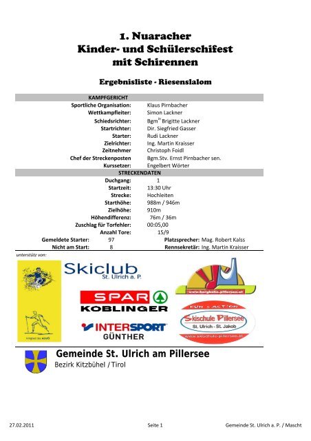 Ergebnis Durchschnittszeit - St. Ulrich am Pillersee
