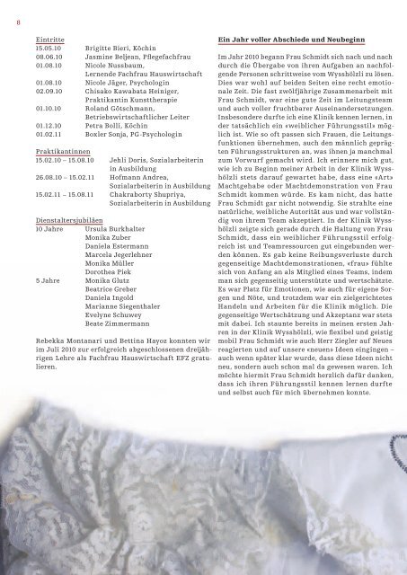 Jahresbericht 2010 - Klinik Wysshölzli
