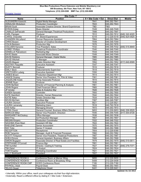 Printable Version Site Code: 7 Name Position 9 + ... - Blue Man Group