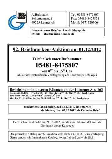 92. Briefmarken-Auktion am 01.12.2012 Telefonisch unter ... - T-Online