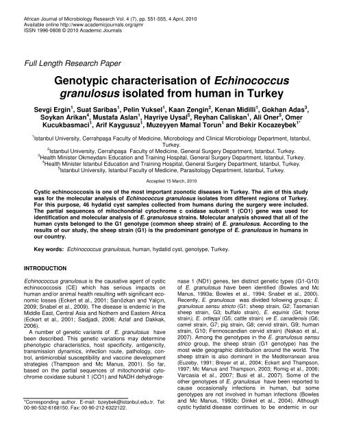 Genotypic characterisation of Echinococcus granulosus isolated ...
