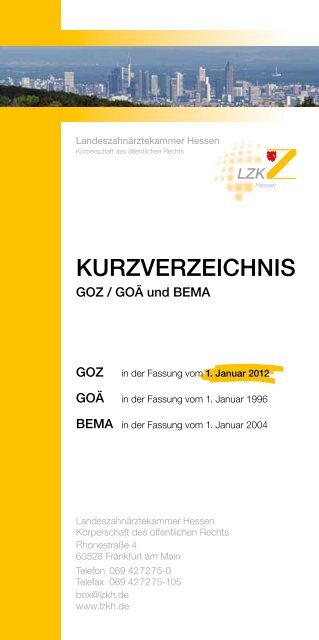 GOZ Kurzverzeichnis - Landeszahnärztekammer Hessen