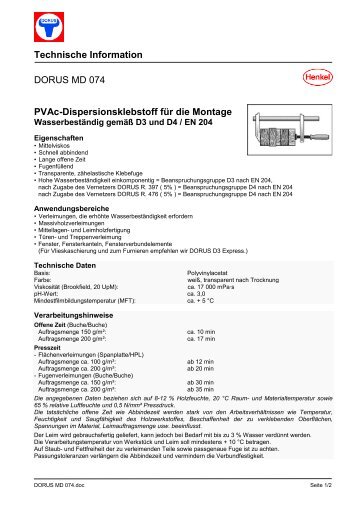 Technische Information DORUS MD 074 PVAc-Dispersionsklebstoff ...