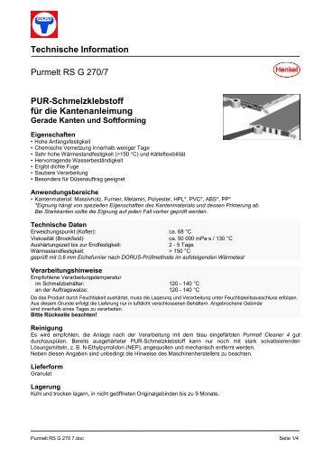 Technische Information Purmelt RS G 270/7 PUR-Schmelzklebstoff ...
