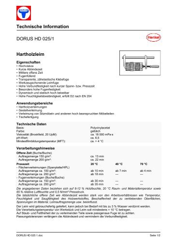Technische Information DORUS HD  025/1 Hartholzleim