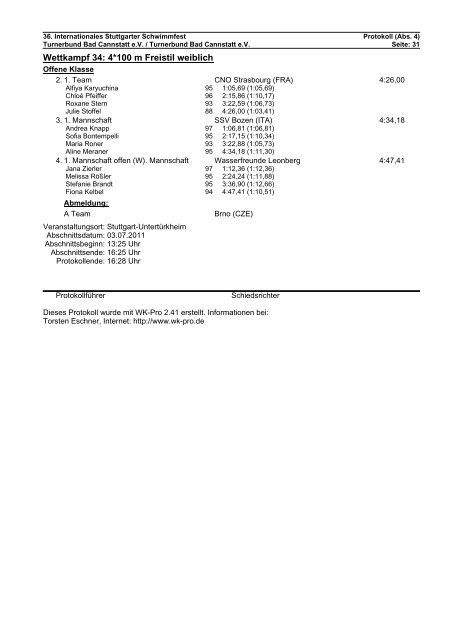 WK-Pro Protokoll - Internationales Stuttgarter Schwimmfest