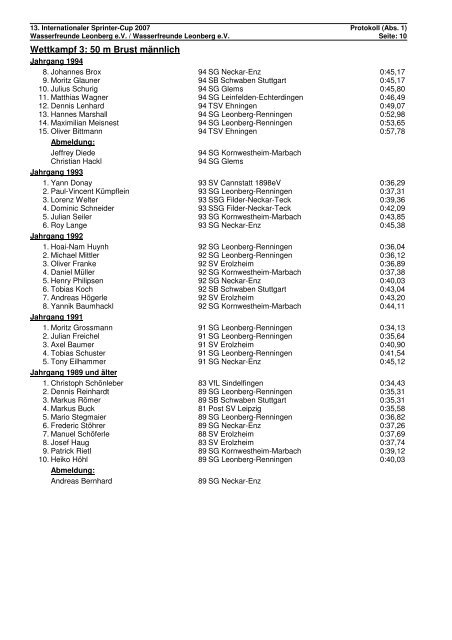 Protokoll - Sprintercup 2007 - Leonberg - TSV Ehningen