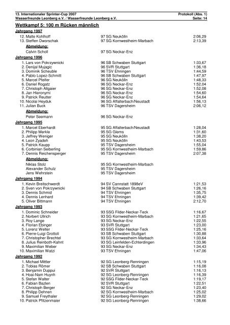 Protokoll - Sprintercup 2007 - Leonberg - TSV Ehningen