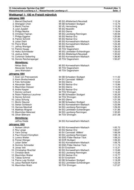 Protokoll - Sprintercup 2007 - Leonberg - TSV Ehningen