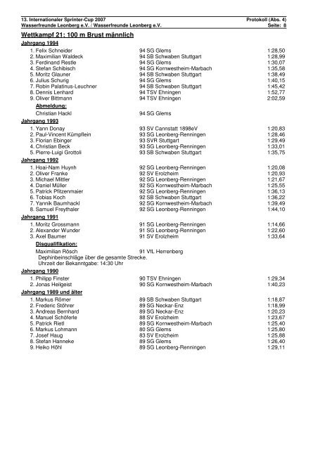 Protokoll - Sprintercup 2007 - Leonberg - TSV Ehningen