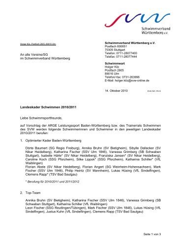 An alle Vereine/SG - Schwimmverband Württemberg eV