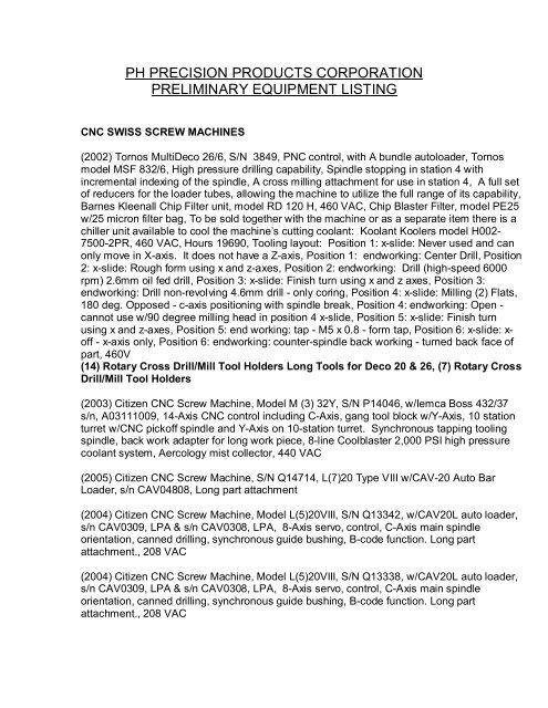 ph precision products corporation preliminary equipment listing