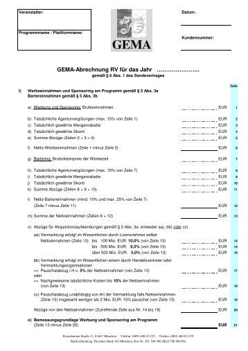 GEMA-Abrechnung RV gemäß §6 Abs. 1 des