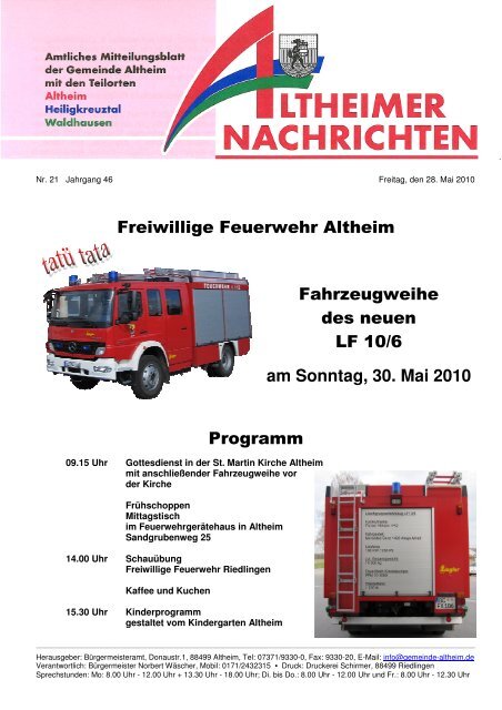Freiwillige Feuerwehr Altheim Fahrzeugweihe des neuen LF 10/6 ...