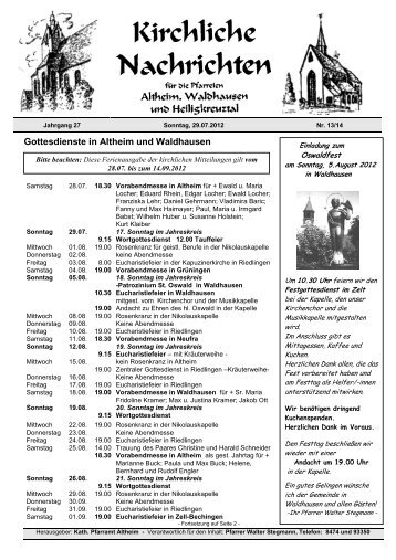 Gottesdienste in Altheim und Waldhausen - Gemeinde Altheim