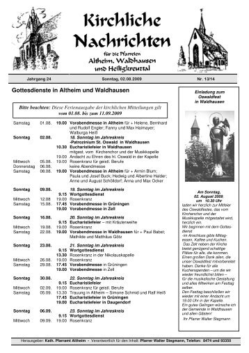 Gottesdienste in Altheim und Waldhausen - Gemeinde Altheim