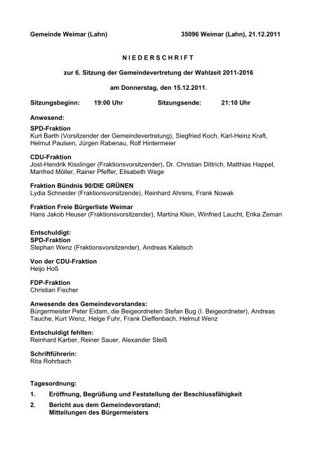 Protokoll vom 15.12.2011 - Gemeinde Weimar