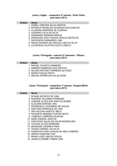 Relação dos Candidatos - Vestibular 2011 - Unir