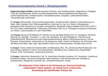 Vorlesung Anorganische Chemie I: Übergangsmetalle