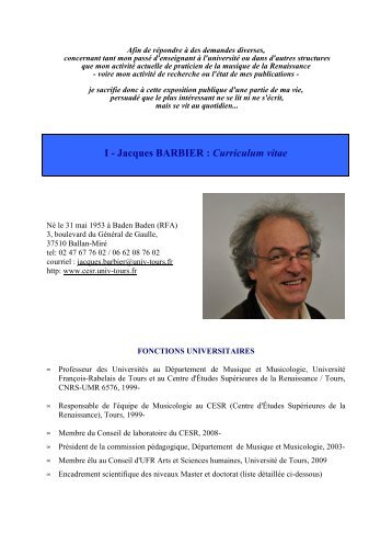 I - Jacques BARBIER : Curriculum vitae - Université François Rabelais