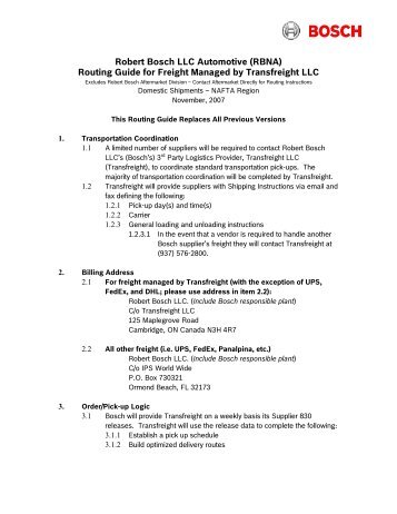 Robert Bosch LLC Automotive (RBNA) Routing Guide for Freight ...