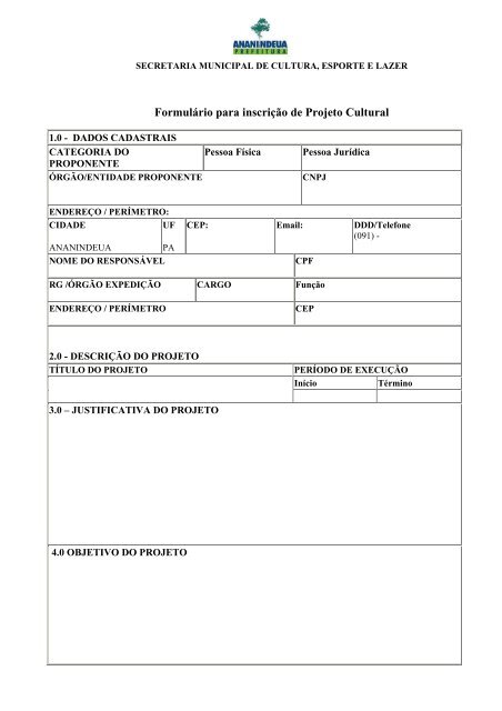 Formulário para inscrição de Projeto Cultural