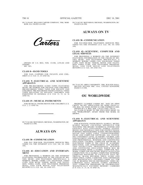 18 December 2001 - U.S. Patent and Trademark Office