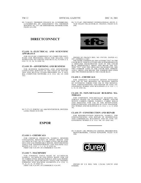 18 December 2001 - U.S. Patent and Trademark Office