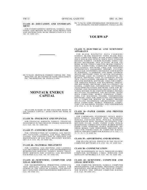 18 December 2001 - U.S. Patent and Trademark Office