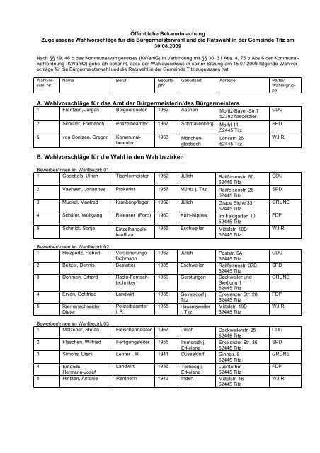 A. Wahlvorschläge für das Amt der Bürgermeisterin ... - Gemeinde Titz