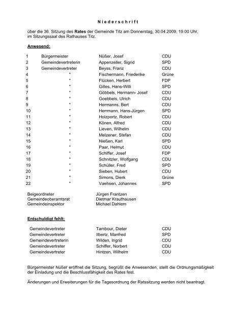 N iederschrift über die 36. Sitzung des Rates der Gemeinde Titz am ...