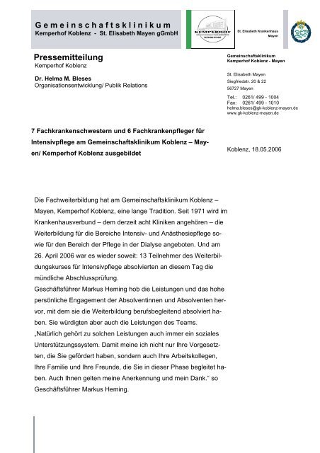 Pressemitteilung - Gemeinschaftsklinikum Koblenz-Mayen