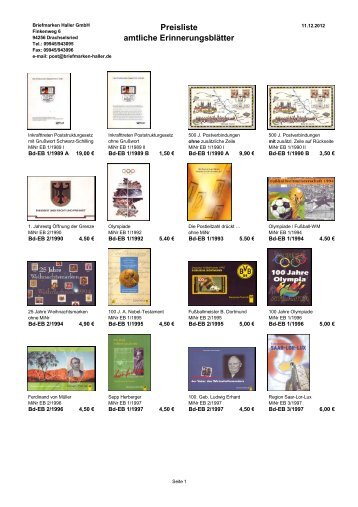 Preisliste amtliche Erinnerungsblätter - Briefmarken HALLER