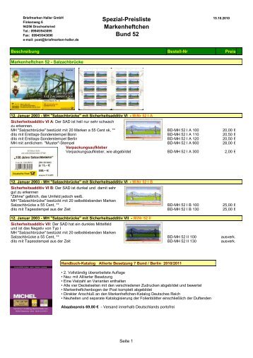 Spezial-Preisliste Markenheftchen Bund 52 - Briefmarken HALLER