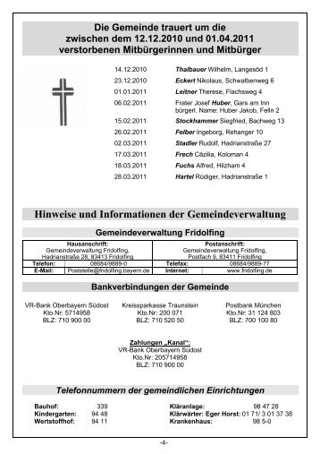 Hinweise und Informationen der Gemeindeverwaltung